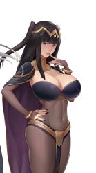 1girl, black hair, breasts, cape, cleavage, fire emblem, fire emblem awakening, hand on hip, hime cut, large breasts, long hair, navel, nintendo, see-through, smile, smirk, tharja (fire emblem), thighs
