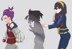 Rule 34 | 1boy, 1girl, belt, belt buckle, black hair, blue jacket, blue pants, buckle, carmine (pokemon), clenched hands, commentary request, creatures (company), fanny pack, from side, game freak, gloves, grey background, hairband, highres, ito (itokayu), jacket, kieran (pokemon), long hair, long sleeves, nintendo, off shoulder, open mouth, pants, partial commentary, partially fingerless gloves, pokemon, pokemon sv, purple hair, red gloves, red shirt, shirt, shorts, single glove, sleeveless, sleeveless shirt, tank top, yellow bag, yellow hairband