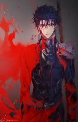 Rule 34 | 1boy, armor, blood, blood on clothes, blue bodysuit, blue hair, bodysuit, cu chulainn (fate), cu chulainn (fate/stay night), fate/stay night, fate (series), gae bolg (fate), h sueun, hair between eyes, hair over eyes, highres, long hair, looking at viewer, lying, male focus, messy hair, on back, parted lips, pauldrons, polearm, ponytail, pool of blood, red eyes, shoulder armor, solo, spear, weapon