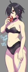 Rule 34 | 1girl, 2020, agawa ryou, ahoge, apple, belly, black bra, black panties, bra, breasts, commentary, dated, food, fruit, grey background, hair over one eye, mole, mole under eye, navel, original, panties, red eyes, short hair, signature, simple background, solo, thick thighs, thighs, underwear