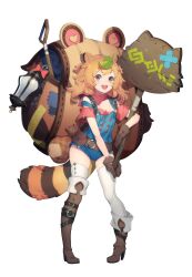 Rule 34 | 1girl, absurdres, animal ears, artist request, asymmetrical footwear, blue overalls, boots, brown eyes, brown gloves, brown hair, eversoul, full body, gloves, highres, holding, holding sign, knee boots, lantern, leaf, leaf on head, looking at viewer, medium hair, official art, open mouth, overall shorts, overalls, raccoon ears, raccoon girl, raccoon tail, sharinne (eversoul), shovel, sign, simple background, single knee boot, single thigh boot, solo, standing, tachi-e, tail, thigh boots, thighhighs, transparent background, white thighhighs