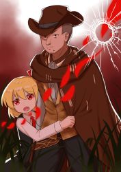 Rule 34 | 1boy, 1girl, absurdres, alternate costume, ascot, black pants, black skirt, black vest, blonde hair, brown cloak, bullet hole, cloak, closed mouth, commentary, cookie (touhou), cowboy hat, cowboy shot, cowboy western, english commentary, facial hair, fang, goatee, grass, hat, highres, looking at viewer, manatsu no yo no inmu, miura daisenpai, mole, mole under mouth, nadeko (cookie), open mouth, pants, pencil as mustache, red ascot, red eyes, rumia, serious, shirt, short hair, skirt, touhou, tsugumi amon, very short hair, vest, white shirt