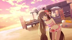 Rule 34 | 1girl, absurdres, animal ears, arms behind back, artist request, beach, bikini, bikini skirt, blue archive, blurry, blurry background, blush, breasts, brown hair, cat ears, choker, collarbone, dutch angle, fake animal ears, flower, frilled bikini, frills, game cg, hair flower, hair ornament, halo, heart-shaped ornament, highleg, highleg bikini, highres, leaning forward, lens flare, long hair, looking at viewer, maid headdress, navel, non-web source, official alternate costume, official art, open mouth, outdoors, pink bikini, pink choker, pink halo, purple eyes, sand, shide hair ornament, shizuko (blue archive), shizuko (swimsuit) (blue archive), small breasts, solo, stuffed animal, stuffed octopus, stuffed toy, swimsuit, twintails, two side up, very long hair, white headdress