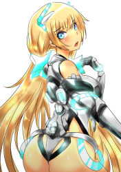 Rule 34 | 1girl, :o, angela balzac, armor, ass, bare shoulders, blonde hair, blue eyes, blunt bangs, blush, breasts, cowboy shot, elbow gloves, from behind, gloves, hair ornament, halterneck, head tilt, headgear, highres, large breasts, leotard, lipstick, long hair, looking at viewer, looking back, low twintails, makeup, norman maggot, open mouth, rakuen tsuihou, simple background, solo, twintails, vambraces, very long hair, white background