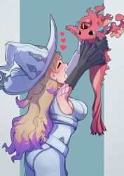 Rule 34 | 1girl, absurdres, blonde hair, breasts, c civciv, creature, detached sleeves, diabellze the original sinkeeper, duel monster, eyelashes, from side, gloves, hat, highres, holding, holding creature, large breasts, long hair, multicolored hair, open mouth, purple hair, sideboob, single sleeve, smile, snake-eyes poplar, standing, streaked hair, wavy hair, witch hat, yu-gi-oh!