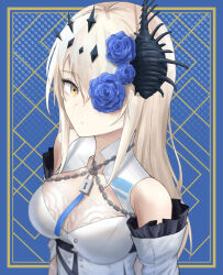 Rule 34 | 1girl, bare shoulders, blue flower, blue rose, breasts, chain, cleavage, closed mouth, conch, detached sleeves, dress, flower, flower over eye, frilled sleeves, frills, greyscale, hair between eyes, hair flower, hair ornament, highres, latte 620, lock, long hair, looking at viewer, lucia: crimson abyss (apocalyptic cyan) (punishing: gray raven), lucia: crimson abyss (punishing: gray raven), medium breasts, monochrome, one eye covered, orange eyes, padlock, punishing: gray raven, rose, shell hair ornament, solo, upper body, white dress, white sleeves