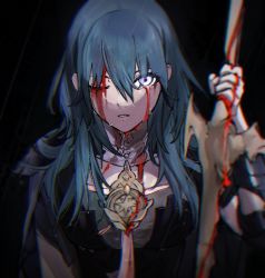 Rule 34 | 1girl, armor, black background, blood, blood on face, blood on hands, bloody weapon, blue eyes, blue hair, byleth (female) (fire emblem), byleth (fire emblem), clovisxvii, fire emblem, fire emblem: three houses, heroes relic (fire emblem), holding, holding sword, holding weapon, nintendo, one eye closed, parted lips, simple background, solo, sword, sword of the creator, upper body, weapon, wet, wet hair