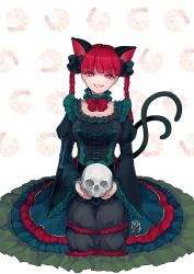 Rule 34 | 1girl, animal ear fluff, animal ears, black bow, blunt bangs, bow, bowtie, braid, breasts, cat ears, cat tail, commentary request, corset, detached collar, dress, embellished costume, extra ears, frills, garan co, gold trim, green dress, grin, hair bow, highres, holding, holding skull, juliet sleeves, kaenbyou rin, layered dress, long hair, long sleeves, looking at viewer, medium breasts, multiple tails, nekomata, puffy sleeves, red bow, red bowtie, red eyes, red hair, simple background, skull, slit pupils, smile, solo, tail, touhou, twin braids, twintails, two tails, unfinished, white background, wide sleeves
