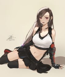 Rule 34 | 1girl, black gloves, black skirt, black thighhighs, breasts, brown background, brown hair, cleavage, collarbone, commentary, crop top, earrings, elbow gloves, fadingz, final fantasy, final fantasy vii, final fantasy vii remake, full body, gloves, highres, jewelry, large breasts, long hair, looking at viewer, midriff, miniskirt, navel, open mouth, pixiv id, red eyes, red footwear, shadow, signature, simple background, skirt, solo, square enix, tank top, thighhighs, tifa lockhart, white tank top
