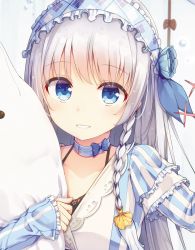 Rule 34 | 1girl, blue bow, blue eyes, blurry, blush, bow, braid, close-up, collar, collarbone, depth of field, frills, hands up, headdress, highres, looking at viewer, hugging object, original, parted lips, pillow, silver hair, single braid, smile, solo, striped, teeth, tsuchikure