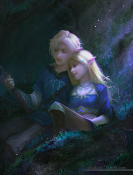 Rule 34 | 1boy, 1girl, against tree, blonde hair, boots, couple, closed eyes, forest, grass, hair ornament, hairclip, knee up, korok, leaning on person, light, light particles, link, long hair, master sword, moss, nature, nintendo, plant, pointy ears, princess zelda, realistic, scabbard, shade, shalizeh7, sheath, short hair, sleeping, sleeping on person, strap, sword, the legend of zelda, the legend of zelda: breath of the wild, tree, triforce, weapon