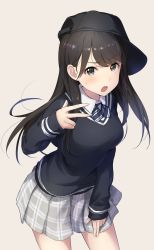Rule 34 | 1girl, :o, baseball cap, black hair, black hat, black sweater, blush, breasts, brown background, brown eyes, collared shirt, commentary request, diagonal-striped clothes, diagonal-striped neckerchief, diagonal-striped neckwear, grey skirt, hand up, hat, highres, leaning forward, long hair, long sleeves, looking at viewer, medium breasts, open mouth, original, plaid, plaid skirt, pleated skirt, sakusaku, shirt, sideways hat, simple background, skirt, sleeves past wrists, solo, striped clothes, striped neckwear, sweat, sweater, teeth, upper teeth only, v-shaped eyebrows, very long hair, w, white shirt