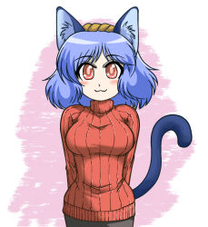 Rule 34 | 1girl, :3, alternate costume, animal ears, arms behind back, blue hair, blush, breasts, cat ears, cat girl, cat tail, contemporary, female focus, iwatobi hiro, kemonomimi mode, large breasts, looking at viewer, red eyes, ribbed sweater, short hair, skirt, solo, standing, sweater, tail, touhou, turtleneck, yasaka kanako
