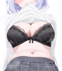 Rule 34 | 1girl, alternate costume, black bra, blue hair, bob cut, bra, breasts, cleavage, clothes lift, deyui, elira pendora, grey skirt, head out of frame, lace, lace-trimmed bra, lace trim, large breasts, long sleeves, mouth hold, navel, nijisanji, nijisanji en, pleated skirt, ribbed sweater, shiny skin, short hair, simple background, skirt, solo, sweater, sweater lift, underwear, upper body, virtual youtuber, white background, white sweater