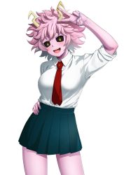Rule 34 | 1girl, :d, absurdres, arm up, ashido mina, black sclera, boku no hero academia, breasts, colored sclera, colored skin, commentary, cowboy shot, deku suke, hand on own hip, highres, horns, large breasts, looking at viewer, multicolored nails, nail polish, necktie, open mouth, pink hair, pink skin, pleated skirt, red necktie, school uniform, shirt, short hair, simple background, skirt, sleeves rolled up, smile, solo, v, white background, white shirt, wing collar, yellow eyes