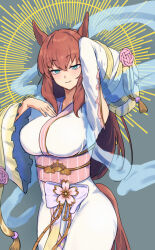 1girl animal_ears breasts brown_hair closed_mouth commentary_request harakomeshi highres horse_ears horse_girl horse_tail japanese_clothes kimono large_breasts long_hair looking_at_viewer maruzensky_(heavenly_maiden_of_divine_speed)_(umamusume) maruzensky_(umamusume) obi official_alternate_costume revision sash smile solo standing tail umamusume white_kimono wide_sleeves