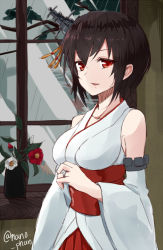 Rule 34 | 10s, 1girl, bad id, bad pixiv id, black hair, breasts, detached sleeves, flower pot, hair ornament, hakama, hakama short skirt, hakama skirt, japanese clothes, jewelry, kantai collection, large breasts, looking at viewer, nontraditional miko, obi, pleated skirt, red eyes, red skirt, ring, sash, short hair, skirt, solo, takehana note, twitter username, upper body, wedding band, window, yamashiro (kancolle)