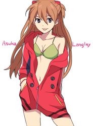 Rule 34 | 1girl, bikini, bikini top only, blue eyes, breasts, brown hair, character name, chatubo, cleavage, front-tie bikini top, front-tie top, green bikini, hair ornament, hand in pocket, long hair, navel, neon genesis evangelion, open clothes, simple background, solo, souryuu asuka langley, sweater, swimsuit, tongue, tongue out, white background