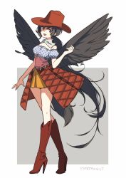 Rule 34 | 1girl, :d, artist name, bandana, bare shoulders, black hair, black wings, blue shirt, boots, brown footwear, brown hat, brown skirt, commentary request, cowboy hat, feathered wings, full body, hand up, hat, high heel boots, high heels, highres, kurokoma saki, long hair, looking at viewer, low ponytail, miniskirt, namauni, off-shoulder shirt, off shoulder, open mouth, plaid, puffy short sleeves, puffy sleeves, red eyes, shirt, short sleeves, signature, skirt, smile, solo, standing, thighs, touhou, very long hair, white background, wings