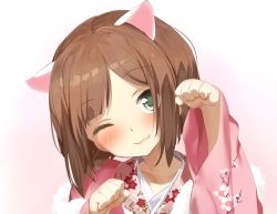 Rule 34 | 1girl, animal ears, arms up, blush, brown hair, cat ears, clenched hands, close-up, commentary, fang, green eyes, hands up, idolmaster, idolmaster cinderella girls, japanese clothes, kaisen chuui, kimono, light, light smile, maekawa miku, miko, one eye closed, parted bangs, paw pose, pink kimono, sidelocks, smile, solo focus, translation request
