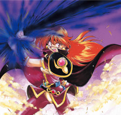 Rule 34 | 1990s (style), 1girl, angry, araizumi rui, armor, belt, cape, command input, earrings, energy sword, fighting stance, gloves, glowing, headband, holding, jewelry, lina inverse, long hair, magic, night, night sky, official art, open mouth, orange hair, outdoors, pauldrons, red eyes, retro artstyle, shiny clothes, shoulder armor, sky, slayers, smoke, solo, spandex, sword, two-handed, weapon