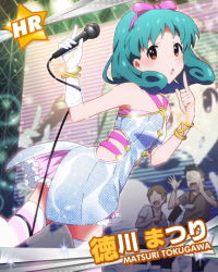 Rule 34 | 10s, 1girl, 2boys, :o, blush, bow, bracelet, brown eyes, failure, green hair, hair bow, idolmaster, idolmaster million live!, jewelry, lens flare, looking at viewer, multiple boys, official art, stage, stage lights, thighhighs, tokugawa matsuri