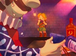 Rule 34 | 2boys, alcohol, bar (place), belt, blonde hair, boots, bottle, brick wall, brown belt, brown footwear, chopsticks, closed eyes, cup, facial hair, fairy, green headwear, green tunic, head out of frame, highres, holding, holding cup, holding instrument, ingo, instrument, link, long sleeves, male focus, multiple boys, music, mustache, napkin, nasagina, nintendo, ocarina, playing instrument, pointy ears, sakazuki, shield, shield on back, tatl, teardrop, the legend of zelda, the legend of zelda: majora&#039;s mask, young link