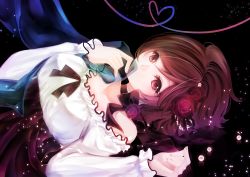 Rule 34 | 1girl, bare shoulders, brown eyes, brown hair, covering own mouth, dress, flower, frilled dress, frills, hair flower, hair ornament, heart, heart of string, lights, looking at viewer, marble (toy), meiko (vocaloid), nail polish, ribbon, solo, tonyo (milky crown), totono, vocaloid