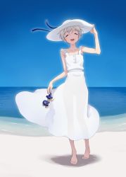 Rule 34 | 1girl, :d, aya shachou, barefoot, blue sky, closed eyes, day, dress, facing viewer, flat chest, full body, grey hair, hand on headwear, hand up, happy, hat, holding, holding clothes, holding footwear, horizon, kantai collection, ocean, open mouth, outdoors, sandals, see-through silhouette, sky, smile, solo, sun hat, sundress, unworn sandals, white dress, white hat, z1 leberecht maass (kancolle)