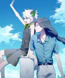 Rule 34 | 2boys, animal ears, arm up, belt, black belt, black hair, black shirt, blue shirt, blue sky, cat boy, cat ears, cloud, cloudy sky, collared shirt, cowboy shot, grey shirt, highres, long hair, low-tied long hair, luo xiaohei, luo xiaohei (human), luo xiaohei zhanji, multiple boys, open mouth, pants, profile, shadow, shirt, shirt tucked in, short hair, short sleeves, sitting, sky, sleeveless, sleeveless shirt, smile, tconne, white hair, white pants, wuxian (the legend of luoxiaohei)