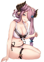 Rule 34 | 1girl, arm support, bare arms, bare shoulders, bikini, blue eyes, breasts, cleavage, collarbone, double bun, frilled bikini, frills, granblue fantasy, grin, hair bun, hair over one eye, highres, horns, large breasts, long hair, looking at viewer, narmaya (granblue fantasy), narmaya (summer) (granblue fantasy), navel, pointy ears, purple hair, side-tie bikini bottom, simple background, sitting, smile, solo, stomach, swimsuit, thigh strap, thighs, wet, white background, white bikini, ym (distance819)