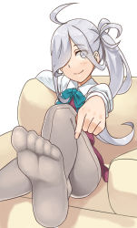 Rule 34 | 10s, 1girl, ahoge, armchair, artist request, asashimo (kancolle), blush, feet, kantai collection, long hair, looking at viewer, no shoes, pantyhose, pointing, ponytail, grey eyes, silver hair, sitting, smile, soles, solo