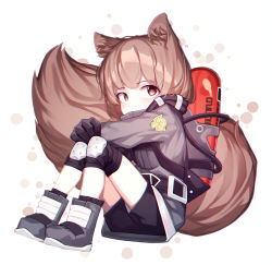 Rule 34 | 1girl, absurdres, animal ears, arknights, beudelb, black footwear, black gloves, black jacket, black shorts, boots, brown eyes, brown hair, covered mouth, full body, gloves, highres, jacket, knee pads, knees up, light blush, long sleeves, looking at viewer, no headwear, no headwear, shaw (arknights), shorts, simple background, sitting, solo, squirrel ears, squirrel girl, squirrel tail, tail, white background