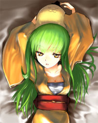 Rule 34 | 00s, 1girl, arms up, bed sheet, blunt bangs, c.c., cheese-kun, code geass, collarbone, creature, expressionless, from above, green hair, japanese clothes, kimono, long hair, looking at viewer, lying, negy, on back, parted lips, pizza hut, sash, solo, upper body