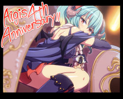 Rule 34 | 1girl, anniversary, aqua hair, black gloves, black thighhighs, breasts, chair, character doll, chestnut mouth, chibi, gloves, horns, indoors, lapis (sennen sensou aigis), large breasts, looking at viewer, red eyes, sennen sensou aigis, sitting, thighhighs, walkure