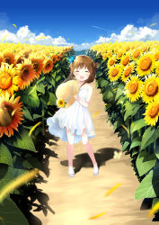 Rule 34 | 10s, 1girl, :d, ^ ^, absurdres, bare shoulders, bell (oppore coppore), blue sky, blush, brown hair, bug, butterfly, closed eyes, cloud, commentary request, day, dress, field, flower, flower field, folded ponytail, hat, unworn hat, hat ribbon, unworn headwear, highres, holding, holding clothes, holding hat, inazuma (kancolle), insect, kantai collection, long hair, open mouth, outdoors, plant, ribbon, sandals, sky, sleeveless, sleeveless dress, smile, solo, standing, sun hat, sundress, sunflower, sunflower field, white dress