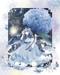 Rule 34 | 1girl, blue capelet, blue dress, blue eyes, blue flower, blue hair, border, capelet, cloud, cocoroppy, commentary request, dark blue hair, dress, flower, frilled dress, frills, full body, gradient hair, hair flower, hair ornament, hair ribbon, hand in own hair, hand up, holding, holding flower, hydrangea, light blue hair, long hair, looking at viewer, mini person, minigirl, multicolored hair, night, night sky, original, outside border, ribbon, shooting star, short sleeves, sky, solo, twintails, very long hair, wide sleeves