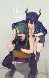Rule 34 | 2girls, arknights, black footwear, black gloves, black pants, black shirt, black shorts, blue hair, blue jacket, blush, boots, ch&#039;en (arknights), closed mouth, commentary, dragon horns, favilia, fingerless gloves, full body, gloves, green eyes, green hair, grey background, horns, hoshiguma (arknights), jacket, knee boots, laughing, long hair, looking at viewer, multiple girls, necktie, on chair, pants, red eyes, shirt, shorts, shoulder massage, single horn, sitting, skin-covered horns, sleeves rolled up, smile, speech bubble, standing, sweatdrop, translation request, white shirt, wiping face, yellow neckwear
