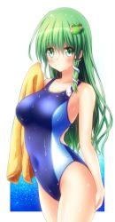 Rule 34 | 1girl, arm at side, bare arms, bare shoulders, blue one-piece swimsuit, breasts, collarbone, commentary request, competition swimsuit, cowboy shot, eyes visible through hair, frog hair ornament, green eyes, green hair, hair between eyes, hair ornament, highres, holding, holding towel, kochiya sanae, long hair, looking at viewer, medium breasts, one-piece swimsuit, osashin (osada), simple background, single sidelock, snake hair ornament, solo, swimsuit, touhou, towel, water drop, wet