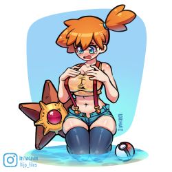 Rule 34 | 1girl, 2019, alternate breast size, ass, bare shoulders, belly, black thighhighs, blue background, blue eyes, blush, border, breasts, cleavage, creatures (company), denim, denim shorts, eyelashes, game freak, gen 1 pokemon, gris-9, kneeling, large breasts, looking down, midriff, misty (pokemon), navel, nintendo, nude, open mouth, orange hair, poke ball, pokemon, pokemon (anime), pokemon (classic anime), see-through, shirt, shorts, size difference, staryu, suspenders, tears, thick thighs, thighhighs, thighs, tongue, water, watermark, wet, wet clothes, wet shirt, white border, wide hips