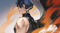 Rule 34 | 1boy, arknights, black shirt, black wings, blue hair, commentary, dated, earrings, fire, flamebringer (arknights), jewelry, light particles, looking back, male focus, orange eyes, pectorals, pointy ears, shirashura, shirt, short hair, sidepec, signature, sleeveless, sleeveless shirt, solo, upper body, wings