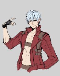Rule 34 | 1boy, absurdres, black gloves, blue eyes, closed mouth, coat, dante (devil may cry), devil may cry (series), devil may cry 3, fingerless gloves, fingernails, gloves, grey background, grey hair, highres, holdp a, male focus, navel, red coat, simple background, sketch, smile, solo, torn clothes, torn coat
