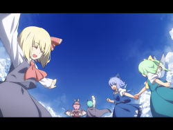 Rule 34 | 5girls, animal ears, anime coloring, antennae, arm up, ascot, bad id, bad pixiv id, blonde hair, blue hair, bow, cape, cirno, clenched hand, closed eyes, cloud, daiyousei, day, green hair, hair bow, happy, hat, holding hands, izumi sai, letterboxed, multiple girls, mystia lorelei, open mouth, outstretched arms, pink hair, raised fist, red eyes, ribbon, rumia, short hair, sky, smile, spread arms, team 9 (touhou), touhou, wings, wriggle nightbug
