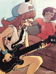 Rule 34 | 2021, 2girls, animal ears, artist name, backwards hat, baseball cap, brown hair, colo (nagrolaz), couch, cup, dog ears, dog girl, drinking, fangs, furry, furry female, guitar hero, hair over eyes, hat, highres, holding, holding cup, crossed legs, long hair, multiple girls, original, playing games, sam (colo), short hair, sitting, sleeveless, teeth, tongue, tongue out