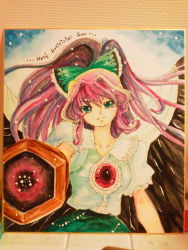 Rule 34 | 1girl, aiming, aiming at viewer, alternate hair color, arm cannon, bird wings, bow, english text, green eyes, hair bow, head tilt, highres, long hair, looking at viewer, red hair, reiuji utsuho, shikishi, short sleeves, shoukimaru, solo, touhou, traditional media, weapon, wings