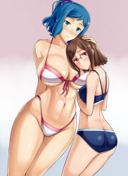 Rule 34 | 10s, 2girls, abs, ass, bikini, blue eyes, blue hair, blush, breast pillow, breasts, brown eyes, brown hair, curvy, front-tie top, glasses, gradient background, groin, gundam, gundam build fighters, hai ookami, hairband, hand on another&#039;s head, head on chest, height difference, highleg, highleg bikini, highleg swimsuit, highres, huge breasts, iori rinko, kousaka china, looking at viewer, looking back, mature female, multiple girls, navel, pink background, shiny skin, short hair, sideboob, size difference, skindentation, swimsuit, underboob, wide hips