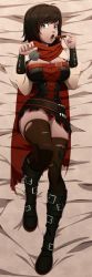 Rule 34 | 1girl, absurdres, ammunition belt, black hair, blush, boots, breasts, brown thighhighs, cleavage, cloak, cookie, dakimakura (medium), flower, food, gothic lolita, grey eyes, highres, hood, hooded cloak, incredibly absurdres, large breasts, lolita fashion, lying, multicolored hair, on back, pillow, ravenravenraven, red hair, rose, ruby rose, rwby, short hair, skirt, solo, thighhighs, thighs, two-tone hair, underwear