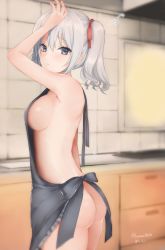 Rule 34 | 10s, 1girl, apron, arm at side, ass, bad id, bad twitter id, blurry, breasts, cowboy shot, depth of field, flying sweatdrops, from side, hair between eyes, highres, indoors, kantai collection, kashima (kancolle), kitchen, large breasts, looking at viewer, naked apron, sakiryo kanna, sideboob, silver hair, solo, thighs, twintails, twitter username, wavy hair