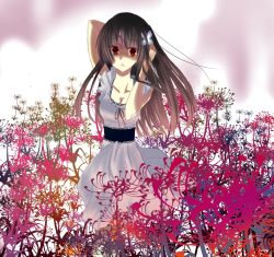 Rule 34 | 10s, 1girl, bad id, bad pixiv id, black hair, breasts, cleavage, dress, flower, hair flower, hair ornament, hydrangea, long hair, rea, rea (atasito), red eyes, sanka rea, sankarea, small breasts, solo, spider lily, zombie