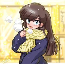 Rule 34 | 1girl, brown hair, kuonji ukyou, looking at viewer, open mouth, ranma 1/2, scarf, solo, wanta (futoshi), winter clothes